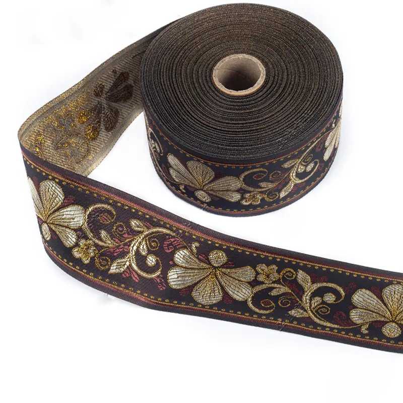 1Meter Woven Jacquard Ribbon Green Gold Pink Flower Lace Fabric 6CM Wide