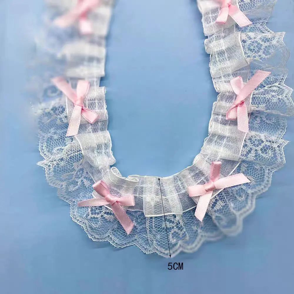 1 Yard White Pink Delicate Bow Ruffle Embroidery Lace Fabrics For Clothing Gift Home Accessory Handmade Sewing Trim Crafts