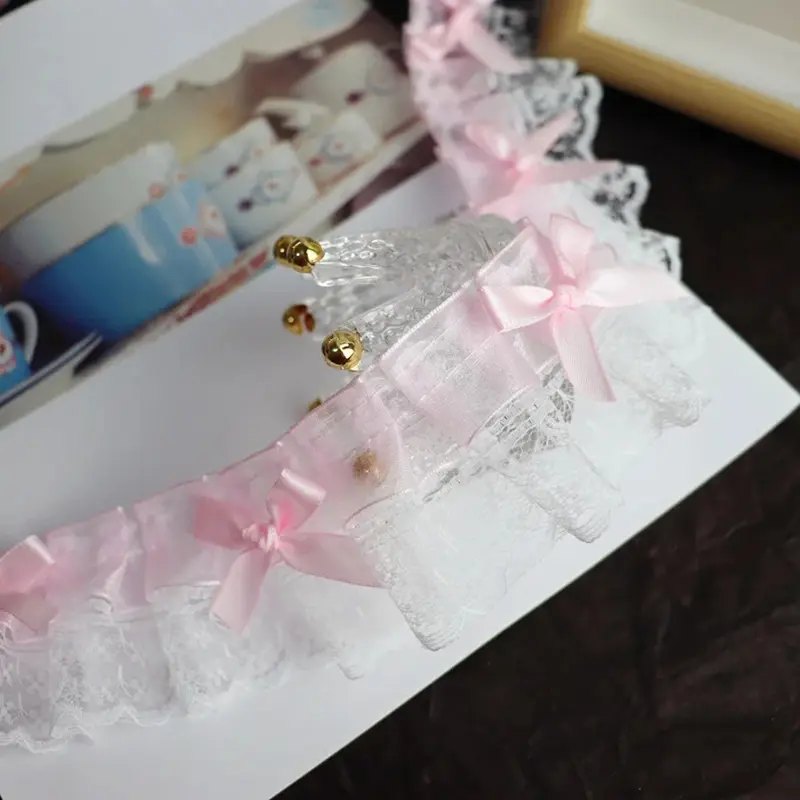 1 Yard White Pink Delicate Bow Ruffle Embroidery Lace Fabrics For Clothing Gift Home Accessory Handmade Sewing Trim Crafts