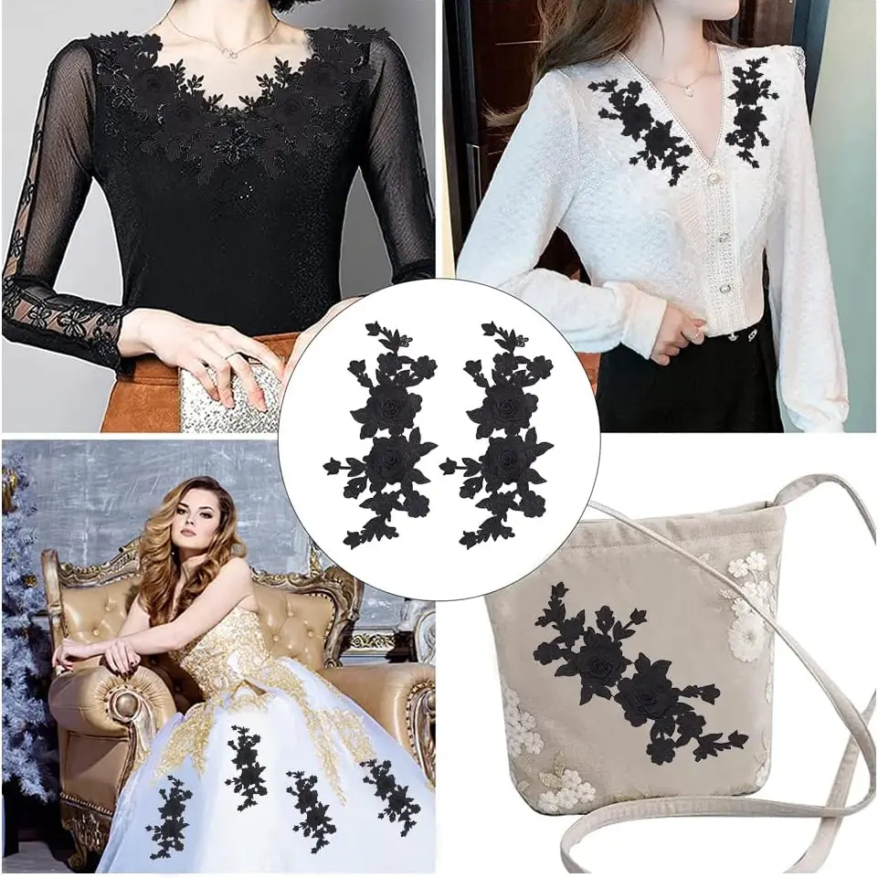 1 Piece of Black and White Embroidered Roses Hand Sewn Patches DIY Clothing Accessories Patches