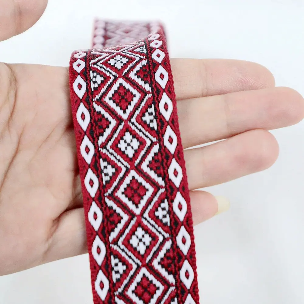 2M Boho Jacquard Ribbon Trim Ethnic Ribbon Red Jacquard Braid Trim for Sewing, Handmade Bag, Clothing Decoration 3CM Wide