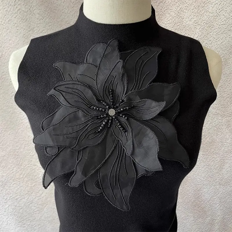 1 Pc Black White Big Flower Embroidery Patches Fabric Evening Dress Party Clothing Sewing Patch Handmade Crafts Applique