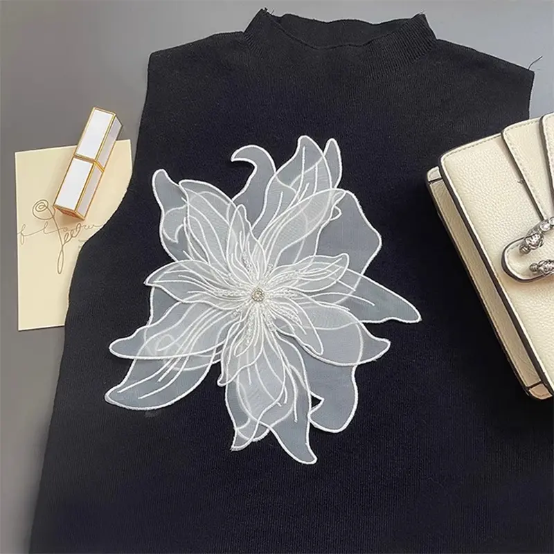 1 Pc Black White Big Flower Embroidery Patches Fabric Evening Dress Party Clothing Sewing Patch Handmade Crafts Applique