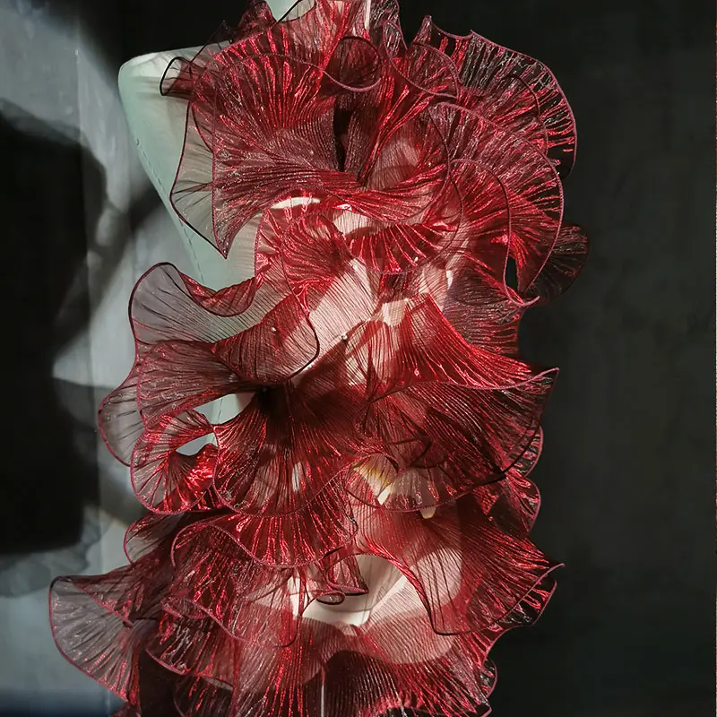 1Y Wave Pleated Organza Lace Trim Red Ruffle folds DIY Patchwork Decor Cuffs Neckline Gown Wedding Dress Accessories Wide 13CM
