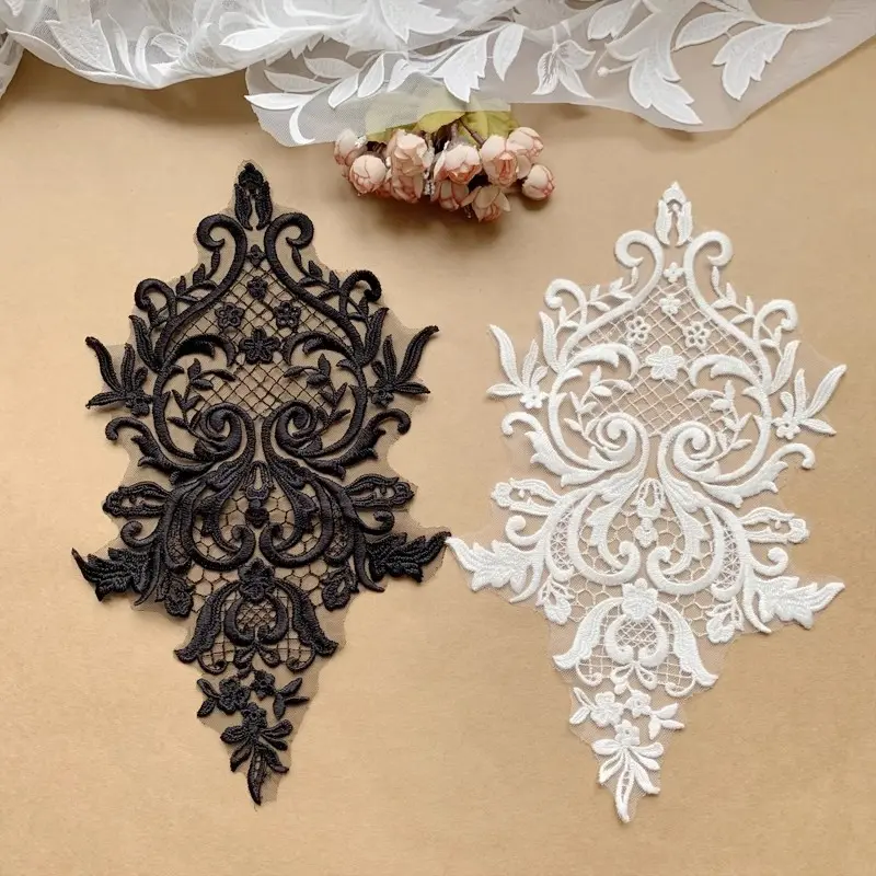 1 Pcs of Black White Embroidered Water-Soluble Patches DIY Decorative Clothing Flower Cloth Patch 21*36CM