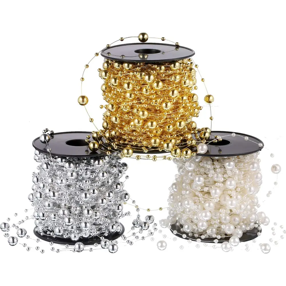 10M Beads Garland Pearl Strands Fish Chain Ribbon for Christmas Tree Wreath Gift Wrapping Decoration