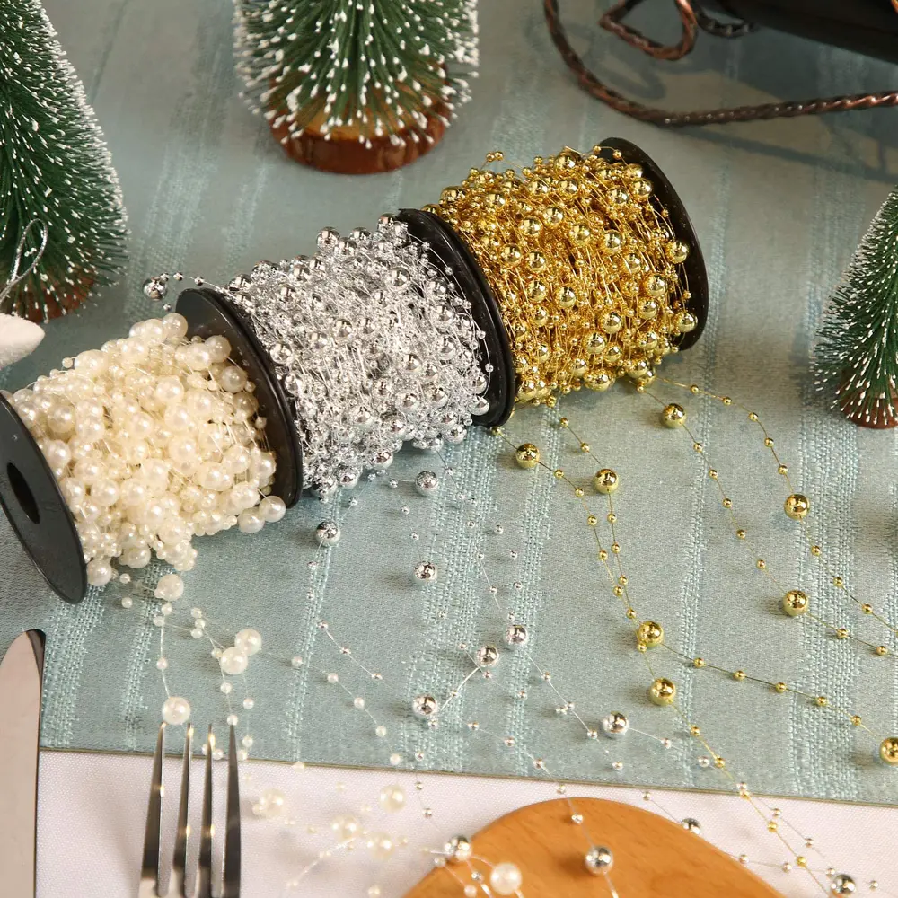 10M Beads Garland Pearl Strands Fish Chain Ribbon for Christmas Tree Wreath Gift Wrapping Decoration