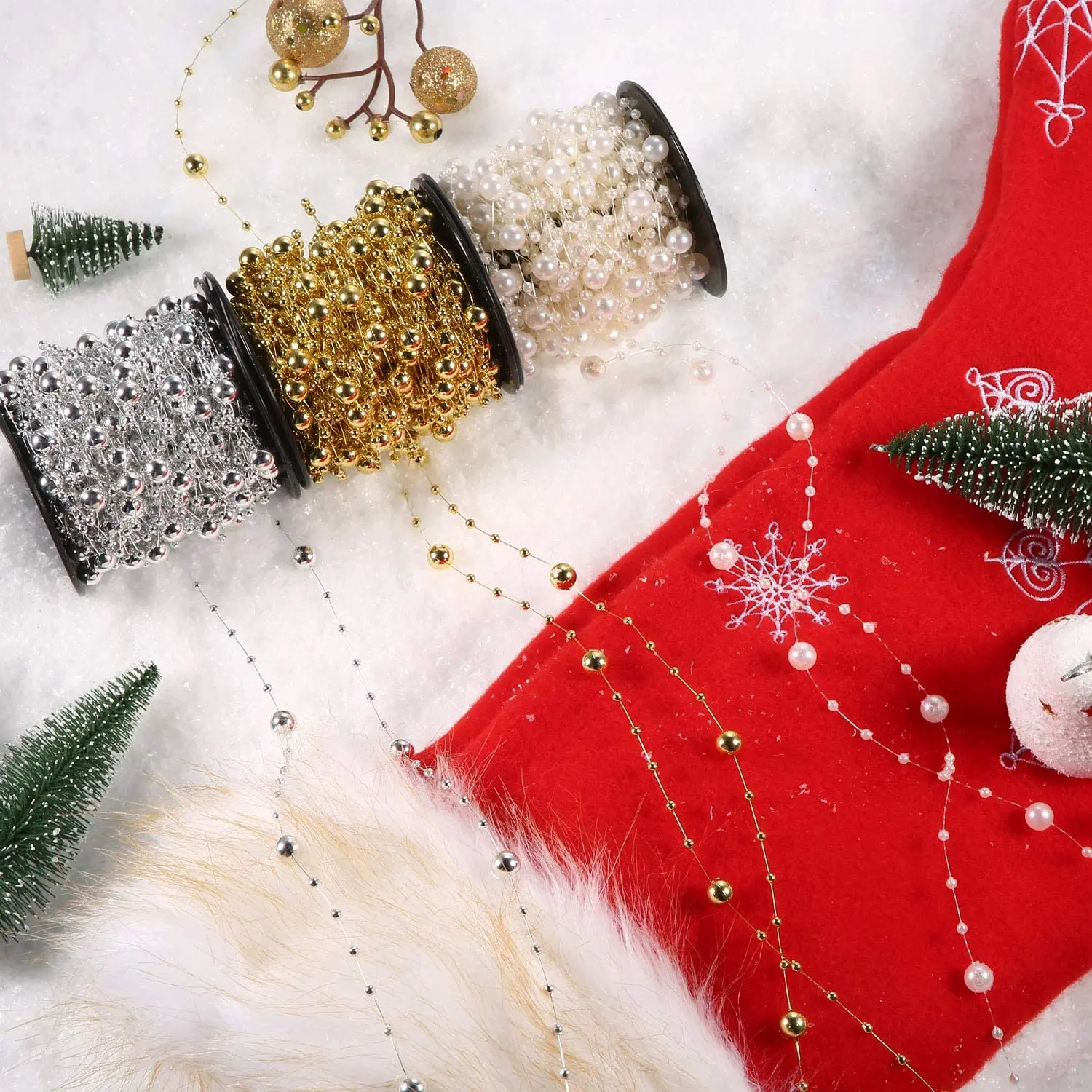 10M Beads Garland Pearl Strands Fish Chain Ribbon for Christmas Tree Wreath Gift Wrapping Decoration