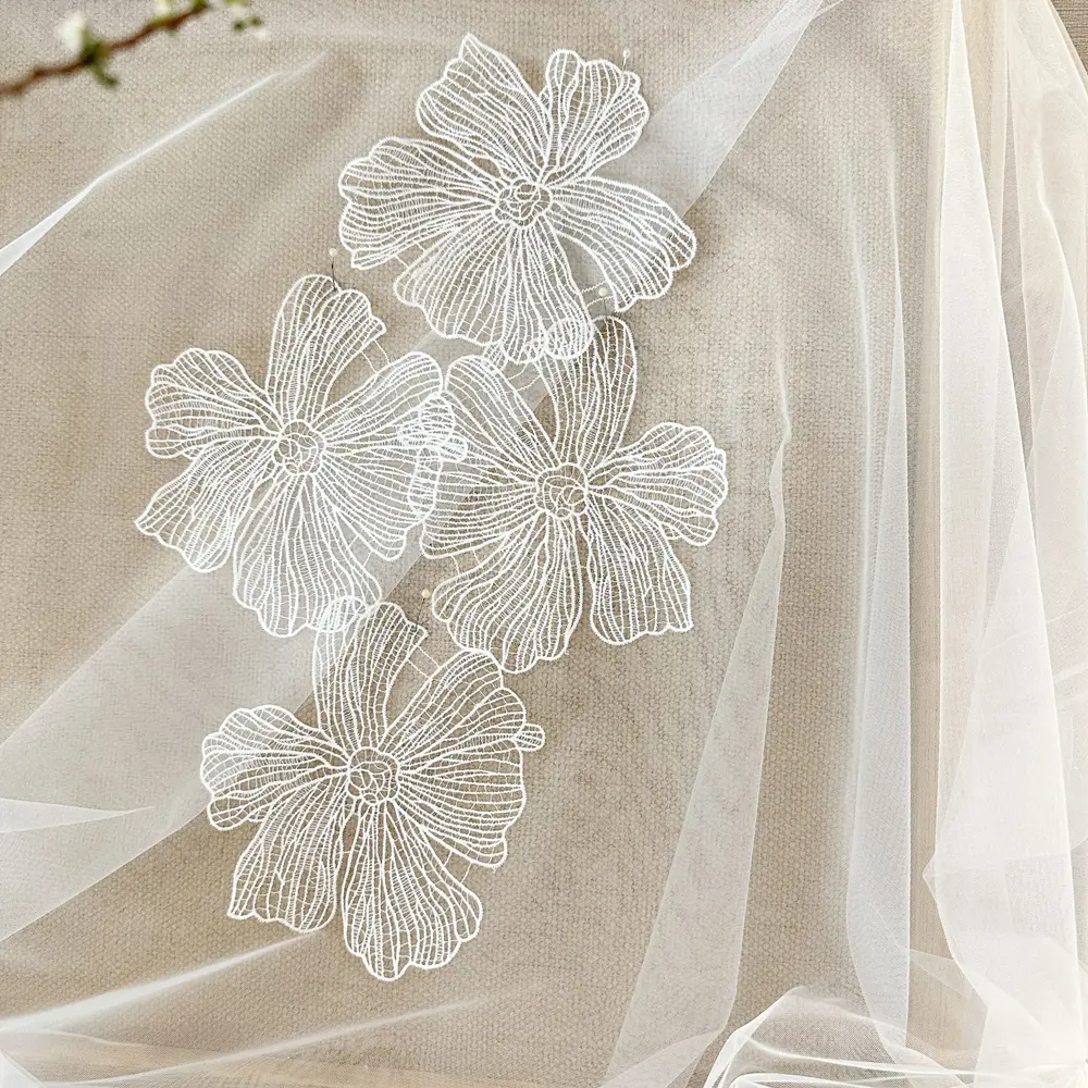 5Pcs Black White Flower Embroidery Patches Fabrics DIY Craft Sewing Wedding Dress Women's Party Clothes Decoration 17CM Wide