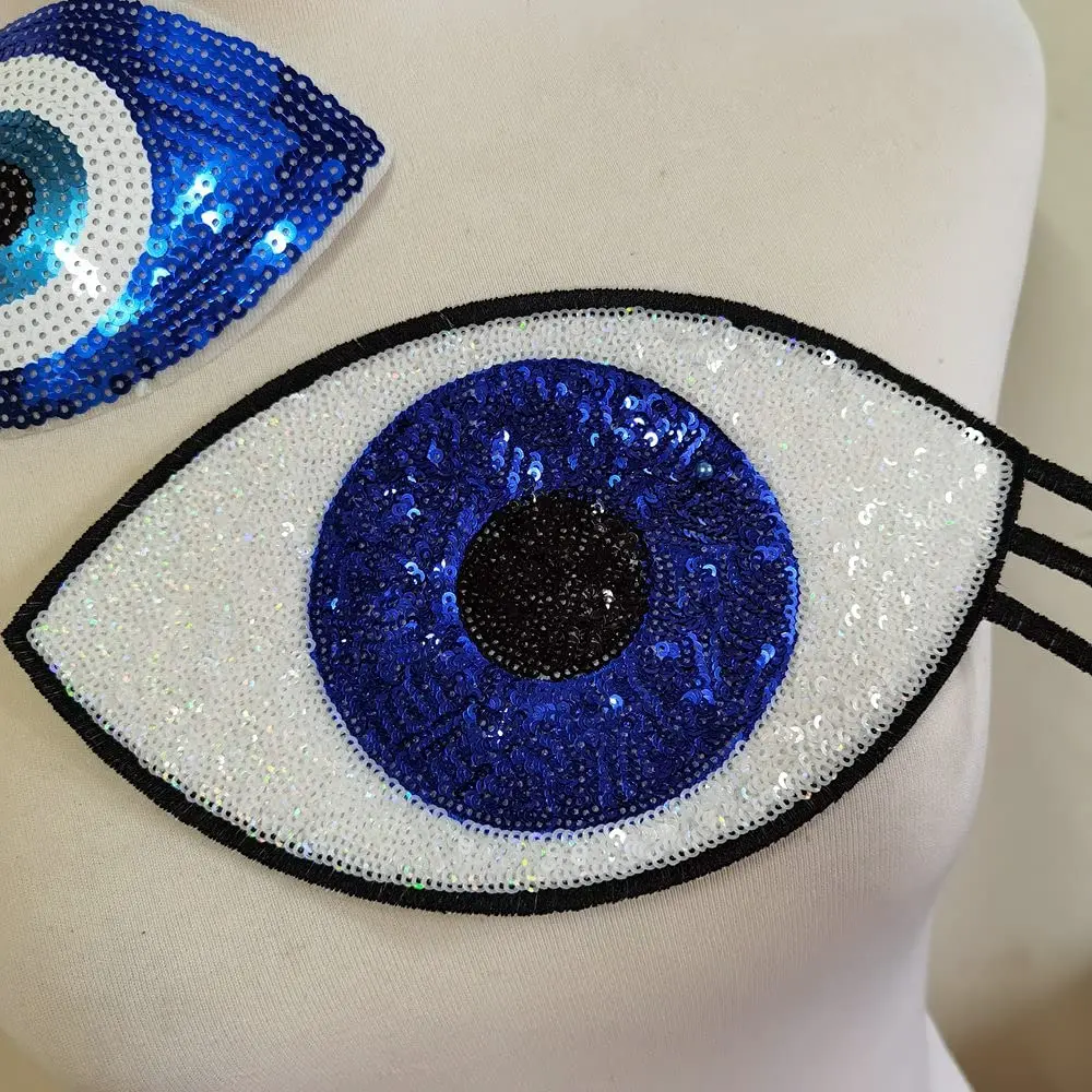 1Pc Large Sequin Heart Evil Eyes Iron On Patch Cartoon Motif Applique Embroidery Garment Accessory