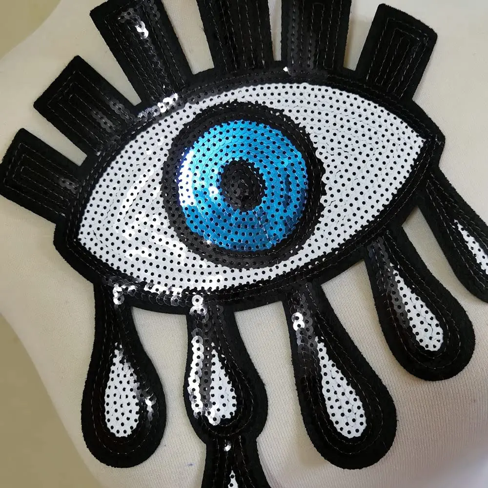 1Pc Large Sequin Heart Evil Eyes Iron On Patch Cartoon Motif Applique Embroidery Garment Accessory