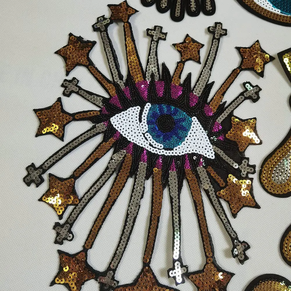 1Pc Large Sequin Heart Evil Eyes Iron On Patch Cartoon Motif Applique Embroidery Garment Accessory