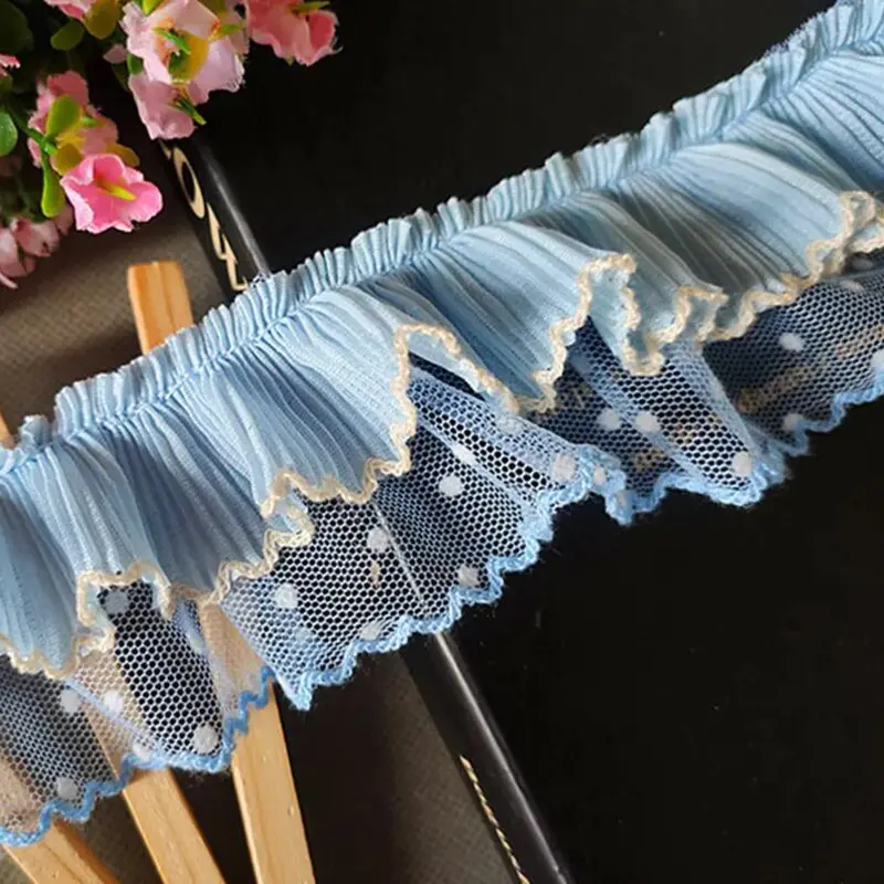 1Yard Blue Pleated Chiffon Lace Fabric DIY Ribbon Sewing Accessories 5cm Wide