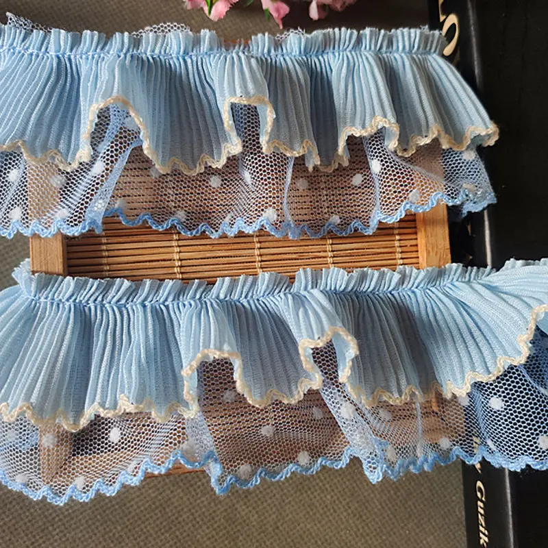 1Yard Blue Pleated Chiffon Lace Fabric DIY Ribbon Sewing Accessories 5cm Wide