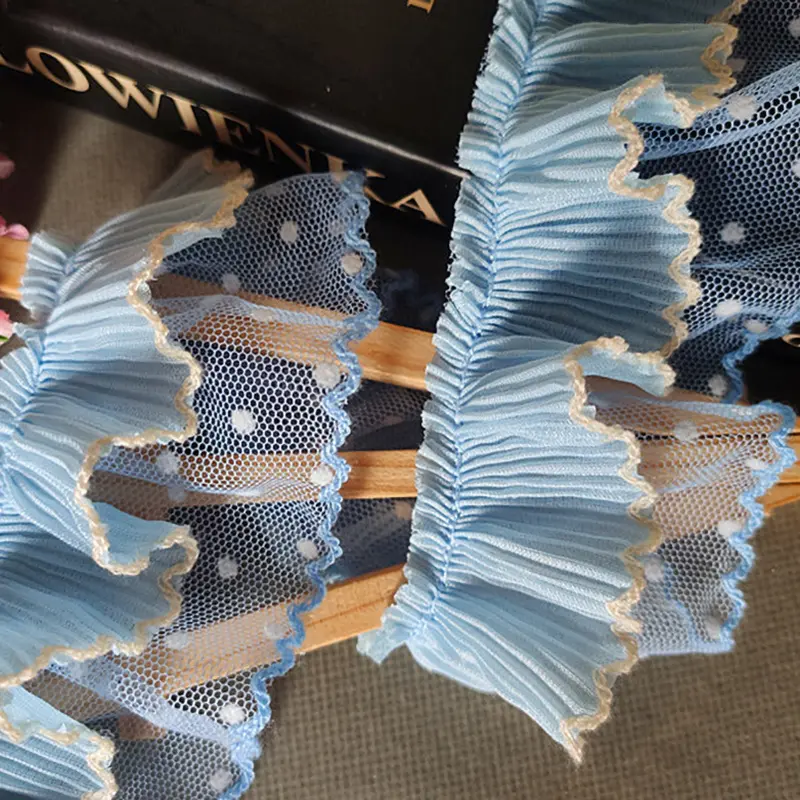 1Yard Blue Pleated Chiffon Lace Fabric DIY Ribbon Sewing Accessories 5cm Wide