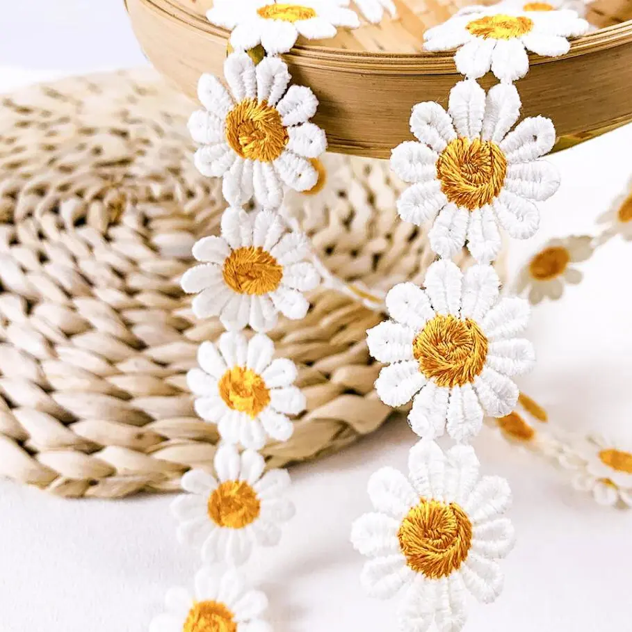 2 Yards White Daisy Flower Lace Fabric Applique Sewing Trimming for Clothing Decoration 2.5cm Wide