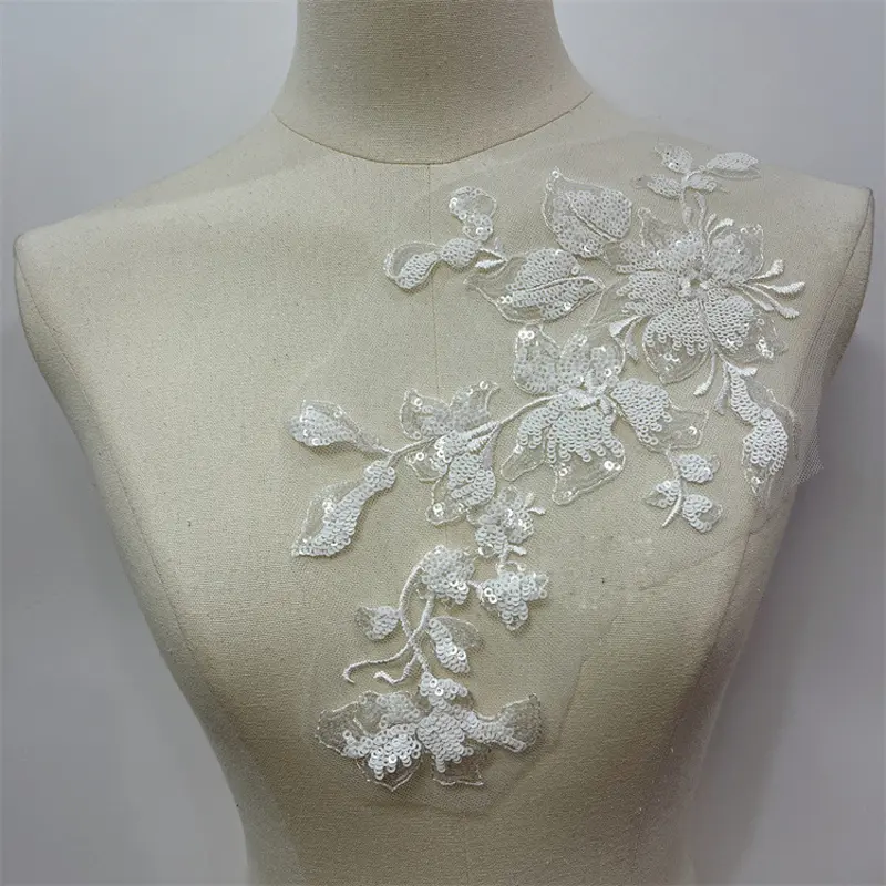 White Beaded Applique DIY Bride Lace Patch Repair