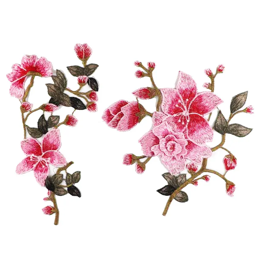 1 Pair Brown Pink Flower Patches Lace Strip Patch for Bride Veil Wedding Dress Sew On Patch for Girl Clothing DIY
