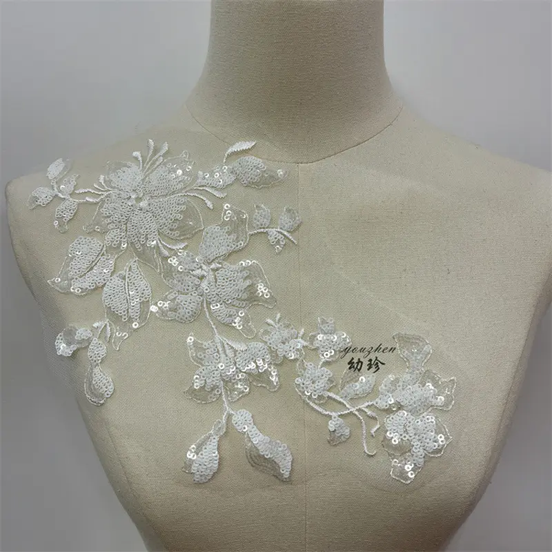 White Beaded Applique DIY Bride Lace Patch Repair