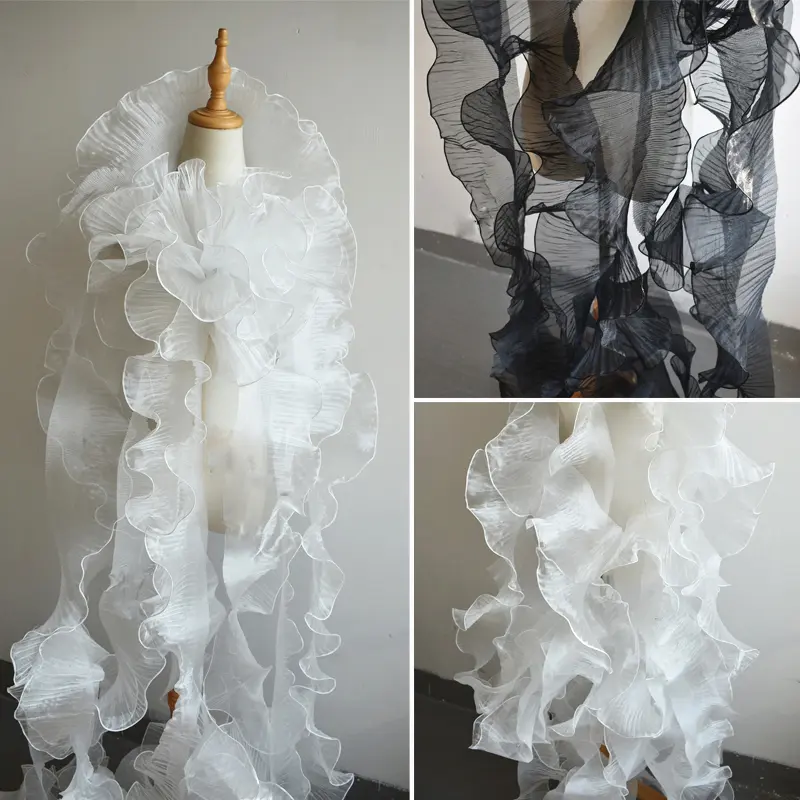 1 Yard White Black Wave Lace Fabric Handicraft Accessories Sewing Pleated Ribbon 15CM Wide
