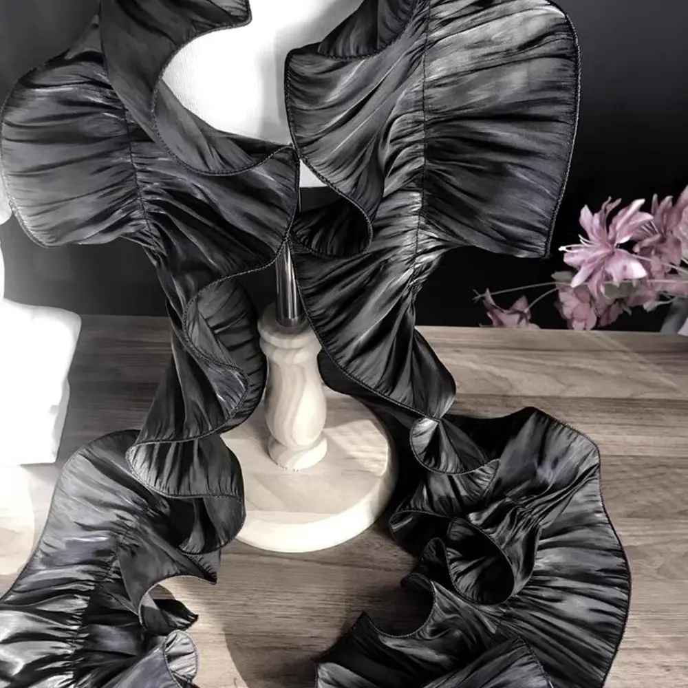 1Yard Ruffle Lace Edge Trim Shiny Satin Pleated Ribbon Fabric Edge Hem For DIY Dress Bouquet Curtain Upholstery Crafts 17CM Wide