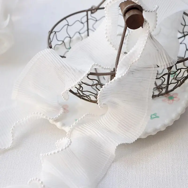 1 Yard White Black Embroidered Flower Pearl Bead Lace Fabric Ribbon Wedding Dress Collar DIY Trimming  Sewing Applique Crafts