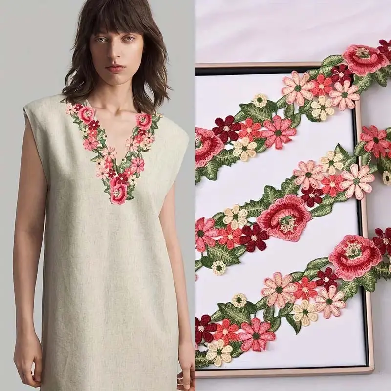 1 Yard Colorful Water-Soluble Lace Embroidery DIY Ethnic Style Clothing Collar Accessories 7.5CM Wide