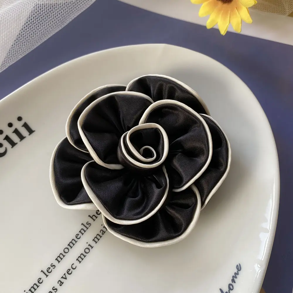 1 Pcs Black Beige Camellia Headband Accessory Patch DIY Clothing Headband Hair Ring Accessory 8.2CM