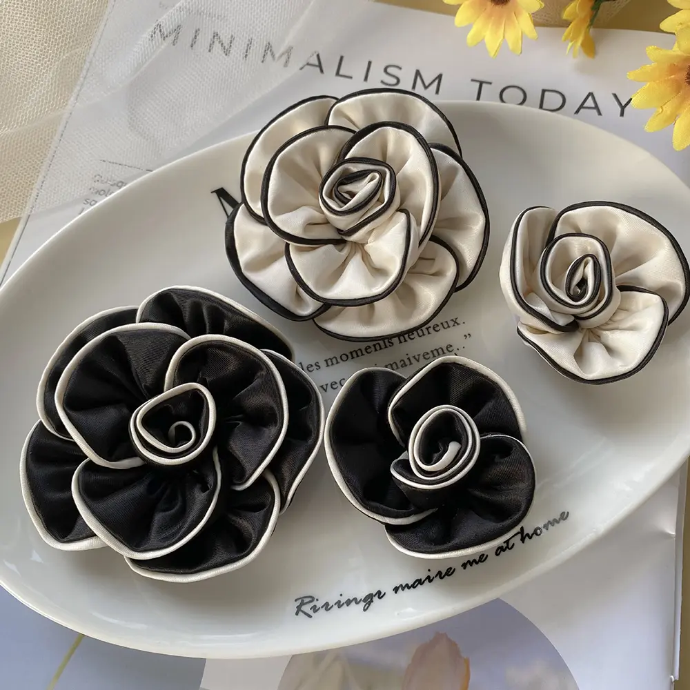 1 Pcs Black Beige Camellia Headband Accessory Patch DIY Clothing Headband Hair Ring Accessory 8.2CM