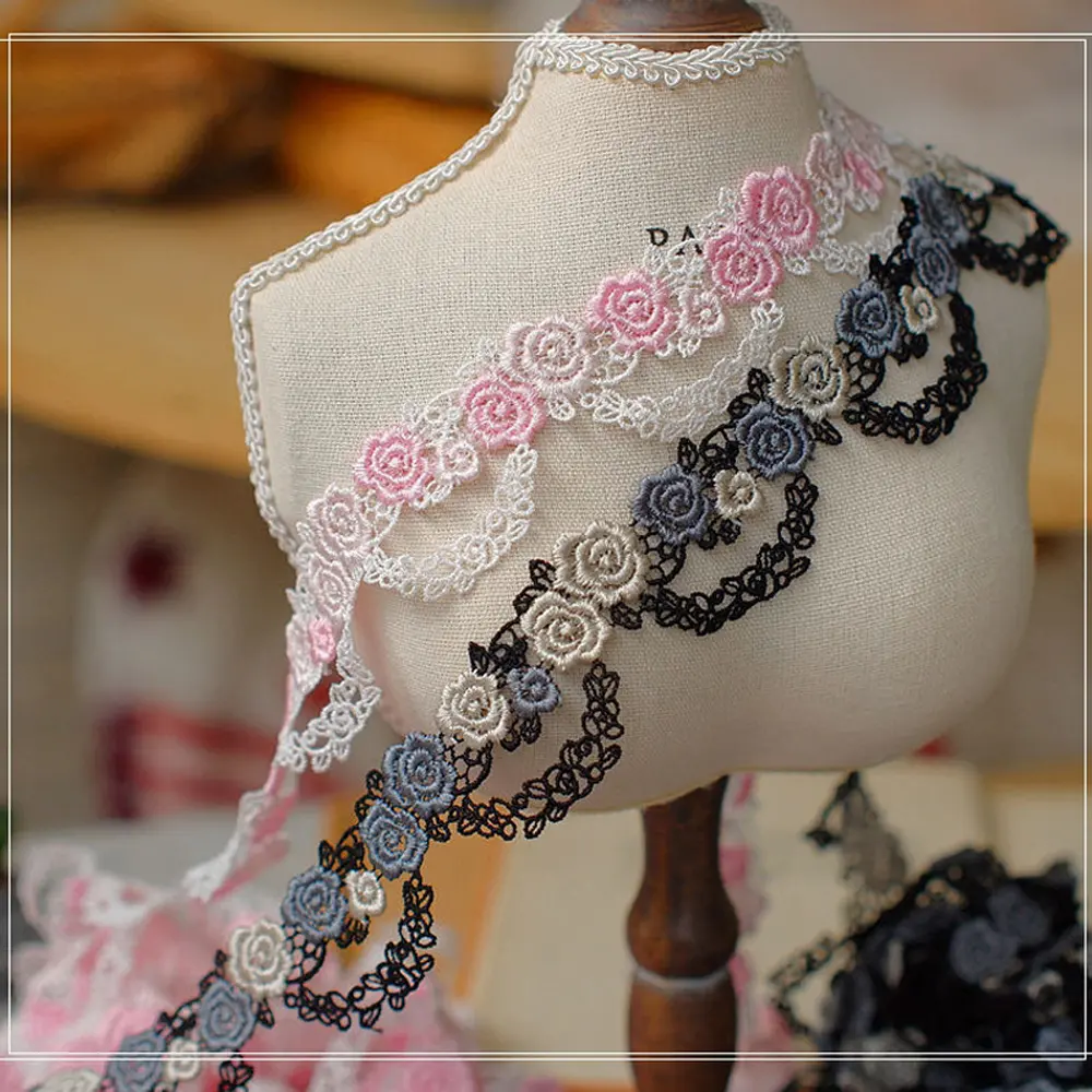 1Yard Pink Blue Lace Trim Craft Flower Lace Fabric Venise Floral Embroidered Applique Decorated Ribbon