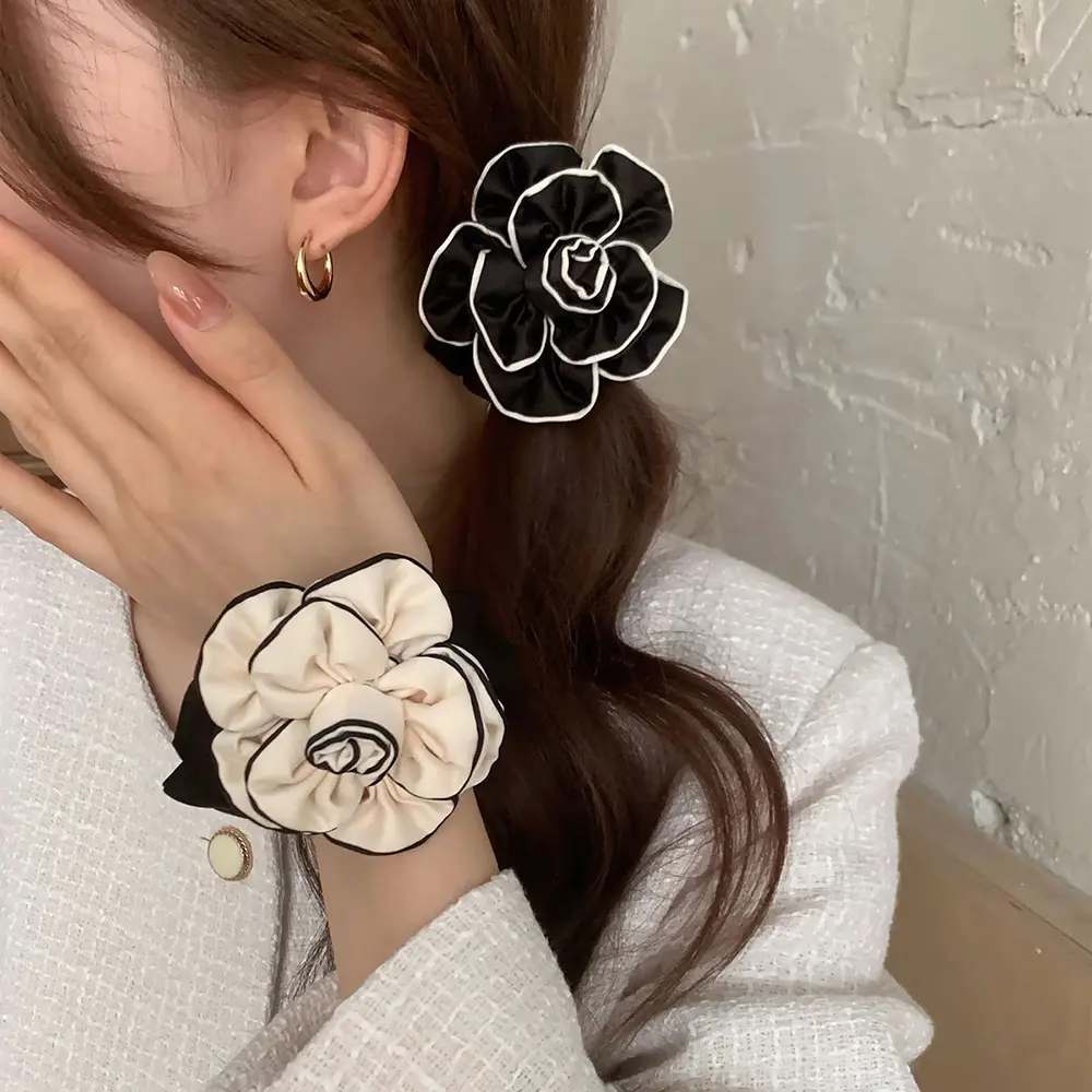 1 Pcs Black Beige Camellia Headband Accessory Patch DIY Clothing Headband Hair Ring Accessory 8.2CM