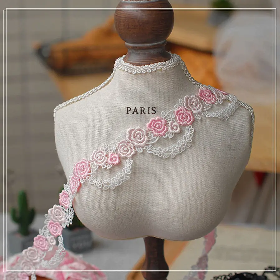 1Yard Pink Blue Lace Trim Craft Flower Lace Fabric Venise Floral Embroidered Applique Decorated Ribbon