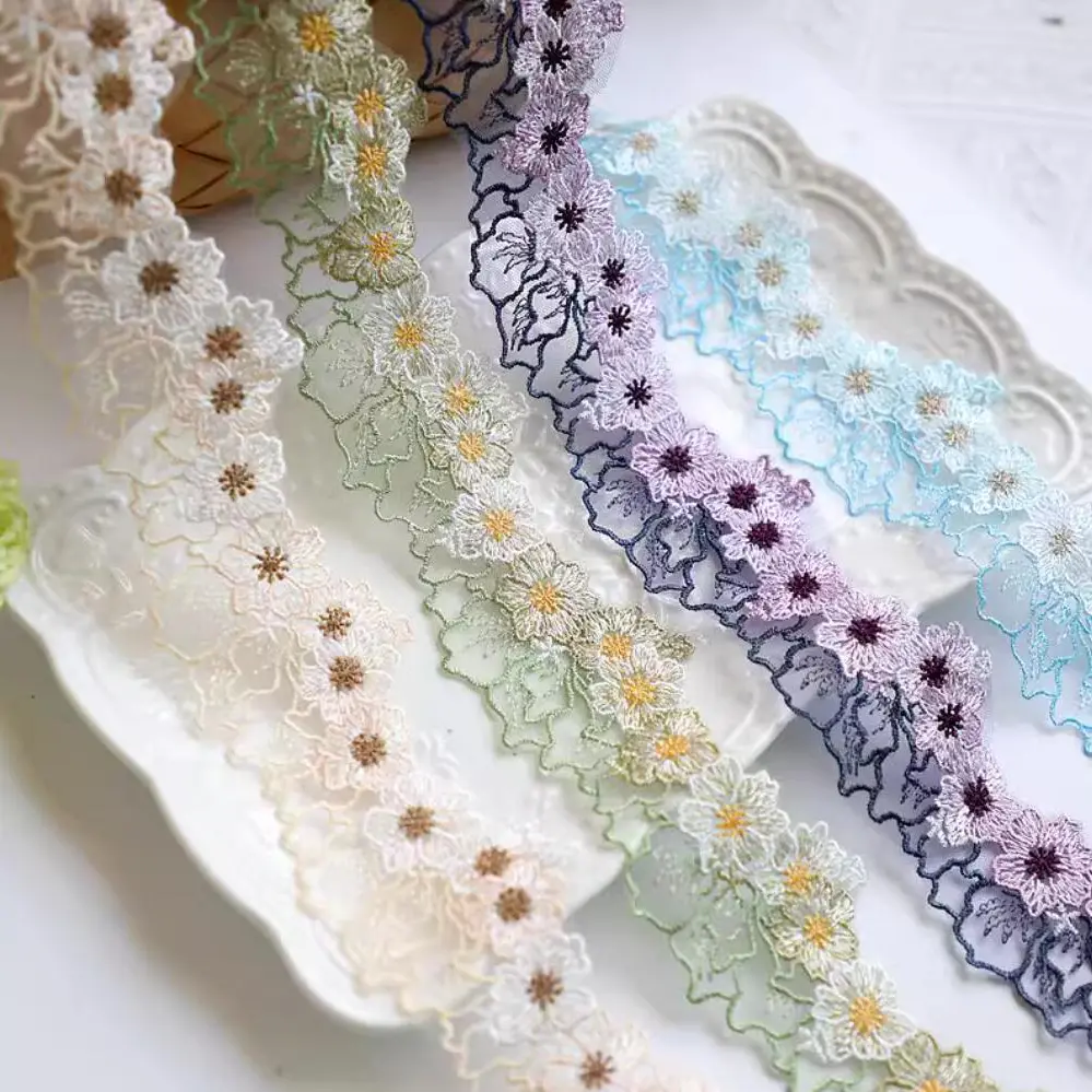 1 Yard Embroidered Green Purple White Flower Lace Fabric Sewing DIY Trim Ruffle Applique Ribbon Collar Decor