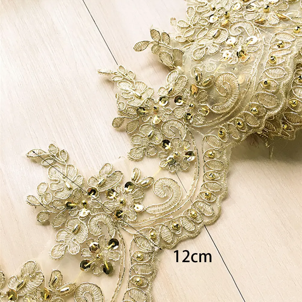 1Yard Gold Lace Embroidery Fabric Dress With Sequin Border DIY Clothing Accessories 12cm Wide