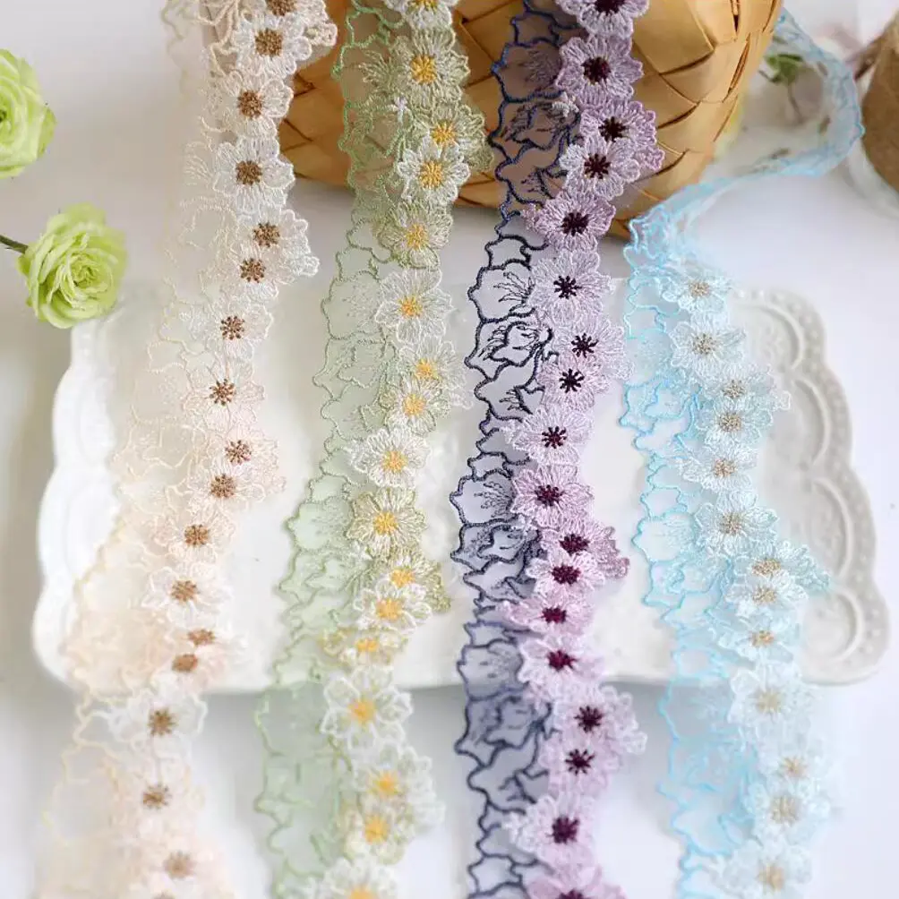 1 Yard Embroidered Green Purple White Flower Lace Fabric Sewing DIY Trim Ruffle Applique Ribbon Collar Decor