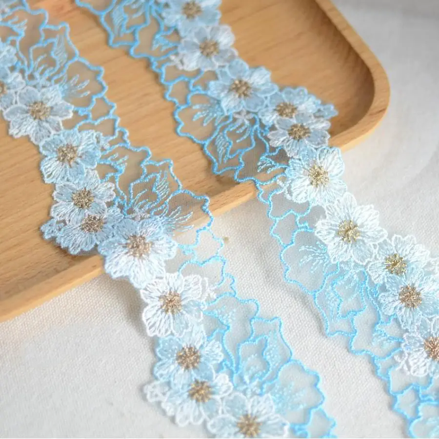 1 Yard Embroidered Green Purple White Flower Lace Fabric Sewing DIY Trim Ruffle Applique Ribbon Collar Decor