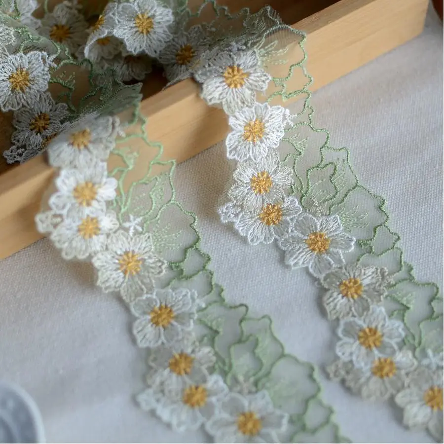 1 Yard Embroidered Green Purple White Flower Lace Fabric Sewing DIY Trim Ruffle Applique Ribbon Collar Decor