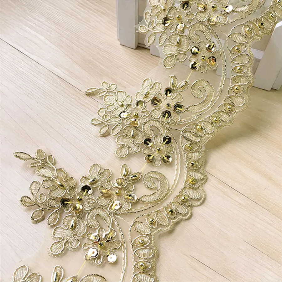 1Yard Gold Lace Embroidery Fabric Dress With Sequin Border DIY Clothing Accessories 12cm Wide