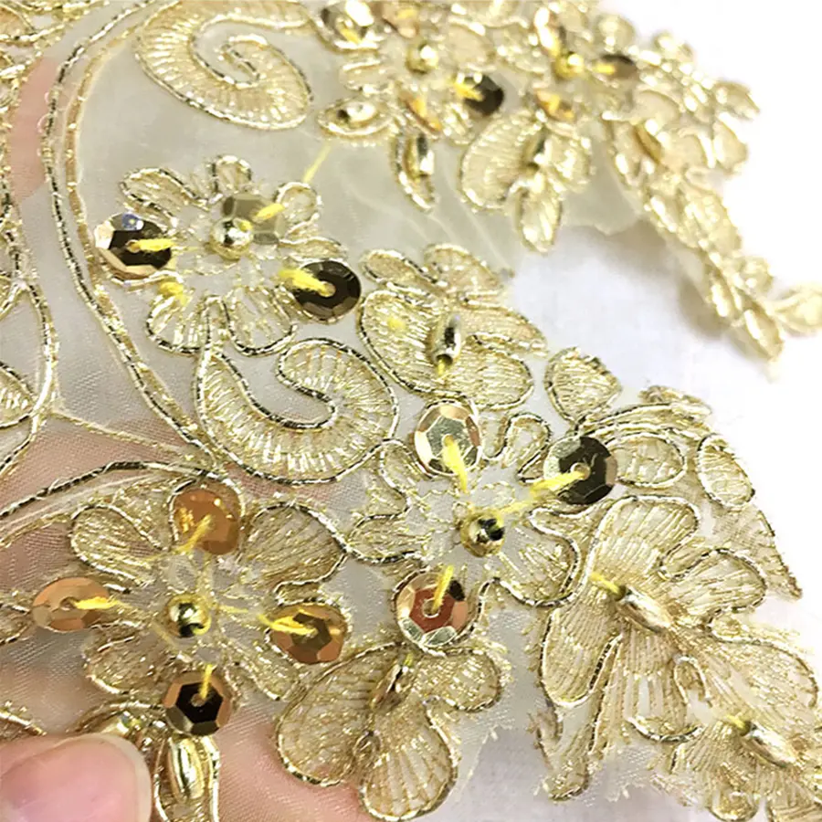 1Yard Gold Lace Embroidery Fabric Dress With Sequin Border DIY Clothing Accessories 12cm Wide