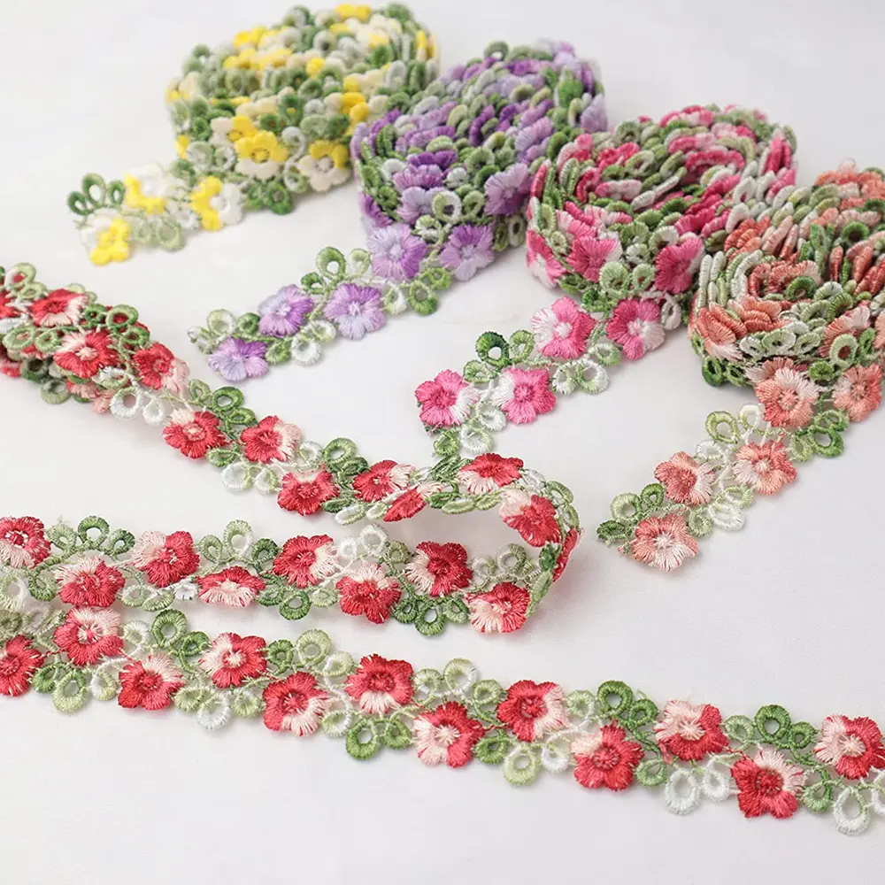 1Yard Pink Green Lace Trim Craft Flower Lace Fabric Venise Floral Embroidered Applique Decorated Lace Ribbon 2CM Wide
