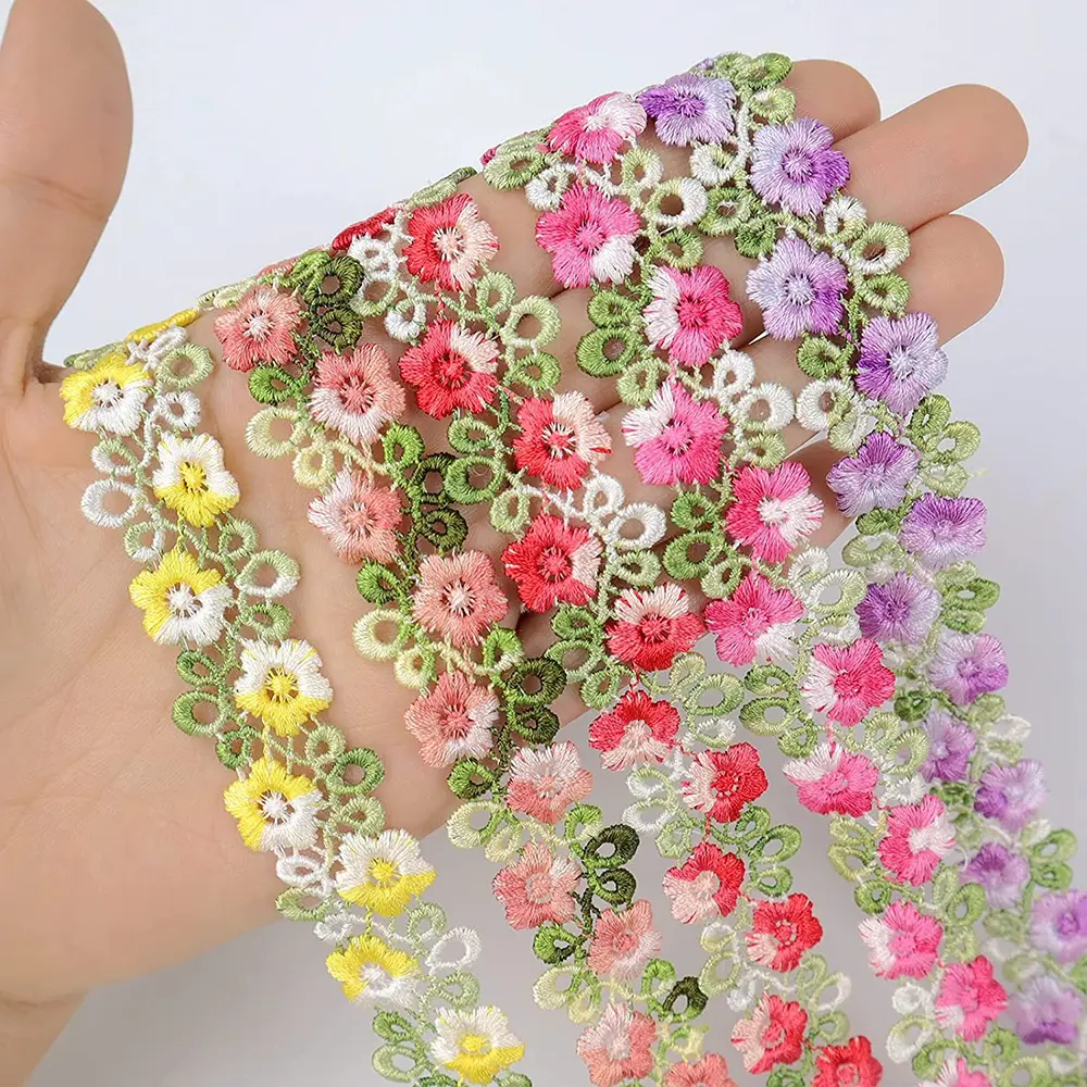 1Yard Pink Green Lace Trim Craft Flower Lace Fabric Venise Floral Embroidered Applique Decorated Lace Ribbon 2CM Wide