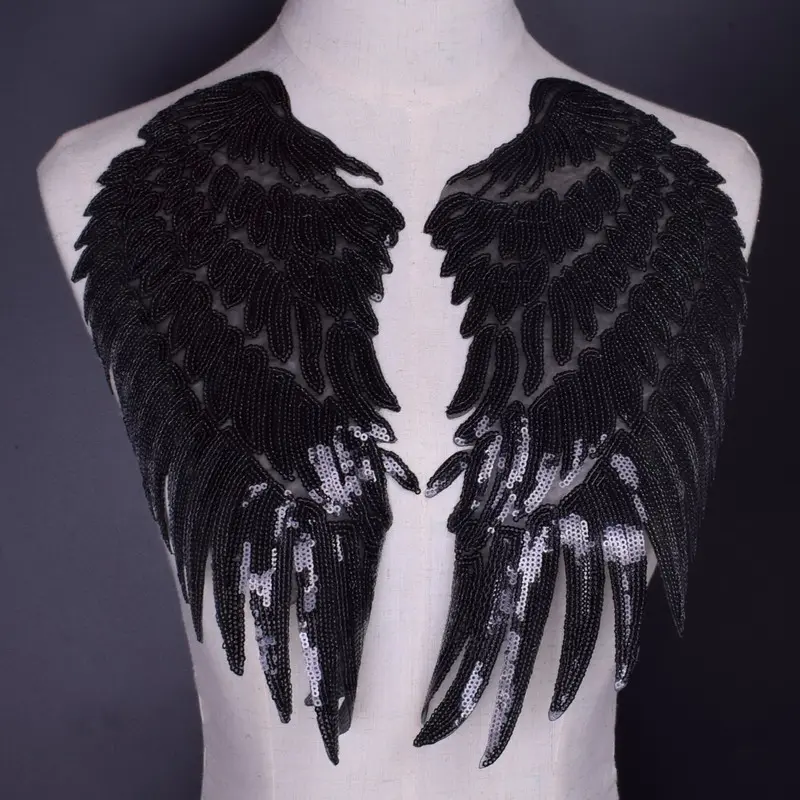 1 Pair Gold Silver Black Wings Sequins Patches For Clothing Iron-on Embroidered Patch Motif Applique DIY Accessories 17*34cm