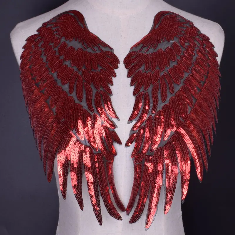 1 Pair Gold Silver Black Wings Sequins Patches For Clothing Iron-on Embroidered Patch Motif Applique DIY Accessories 17*34cm