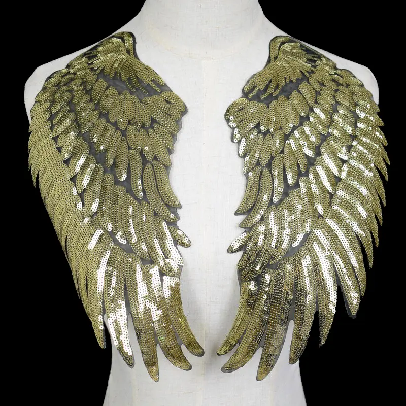 1 Pair Gold Silver Black Wings Sequins Patches For Clothing Iron-on Embroidered Patch Motif Applique DIY Accessories 17*34cm