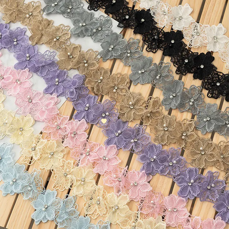 1Yard Multi-Color Pearl Flower Embroidery Lace Fabric Trim DIY Clothing Wedding Decoration Home Sewing Supplies Applique