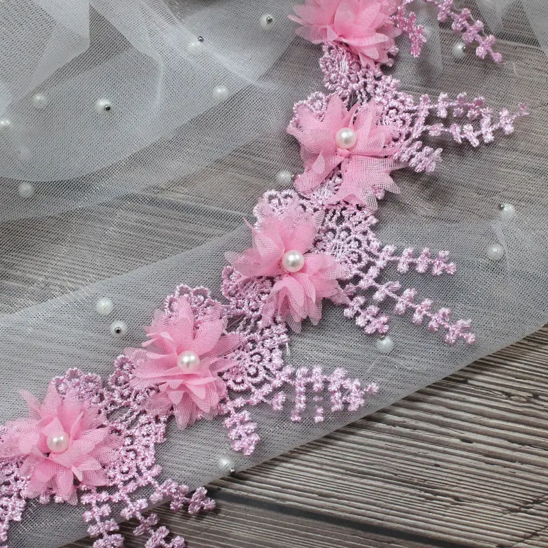 1 Yard Multi-Color Exquisite Rose Lace Fabrics Flower Pearl Wedding Party Decoration Sewing Lace Ribbon DIY Craft 8.5CM Wide