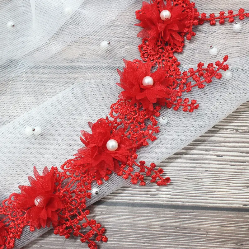 1 Yard Multi-Color Exquisite Rose Lace Fabrics Flower Pearl Wedding Party Decoration Sewing Lace Ribbon DIY Craft 8.5CM Wide
