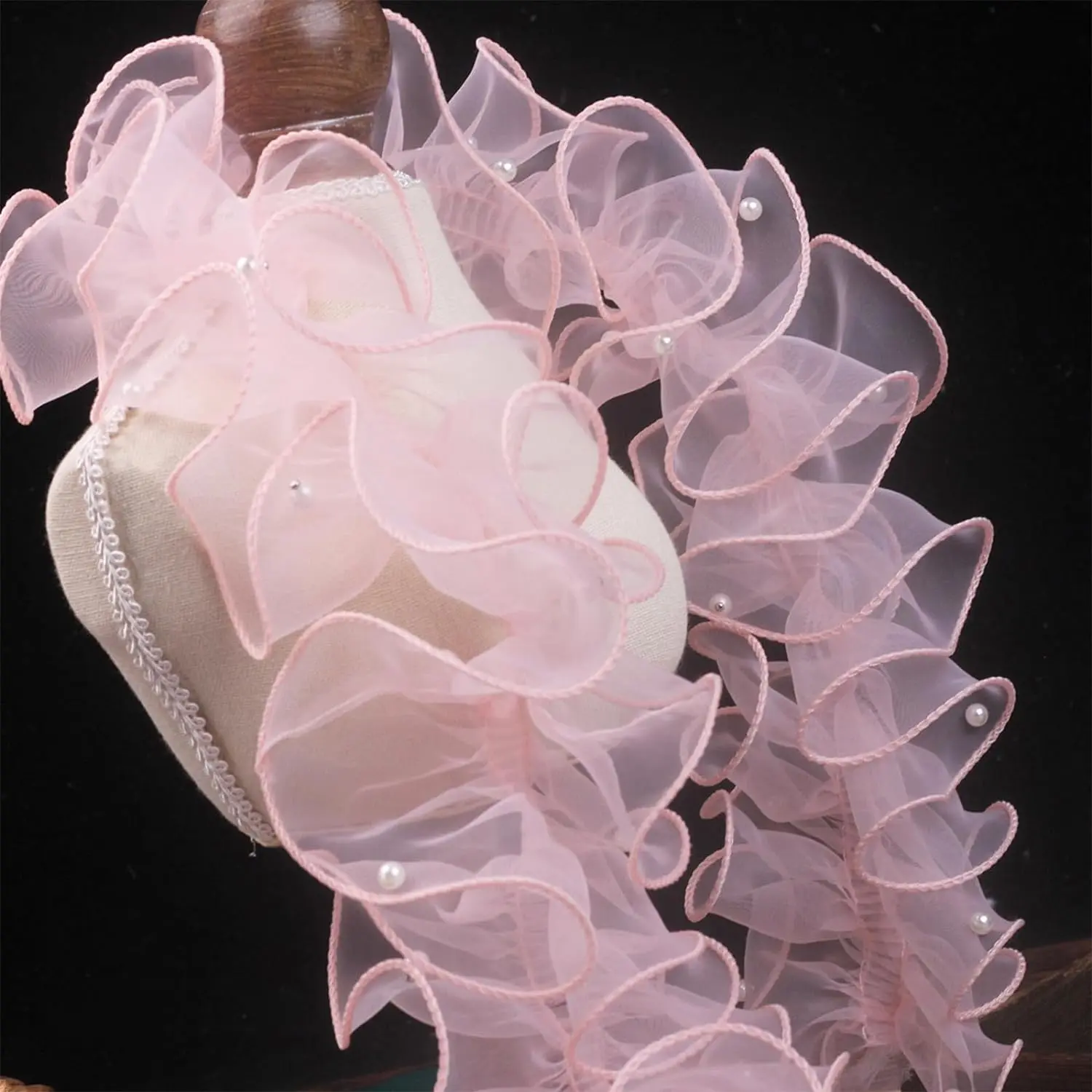 1 Yard Pink White Blue WavesPleated Lace Trims Ribbon Fabric Applique Fold Ruffle with Beads DIY Sewing Supplies Craft