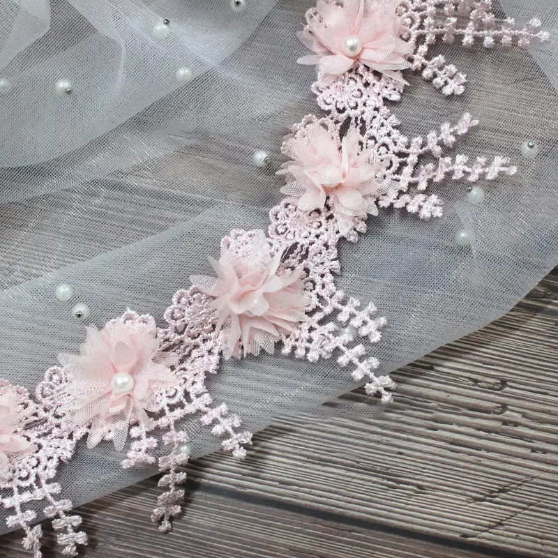 1 Yard Multi-Color Exquisite Rose Lace Fabrics Flower Pearl Wedding Party Decoration Sewing Lace Ribbon DIY Craft 8.5CM Wide