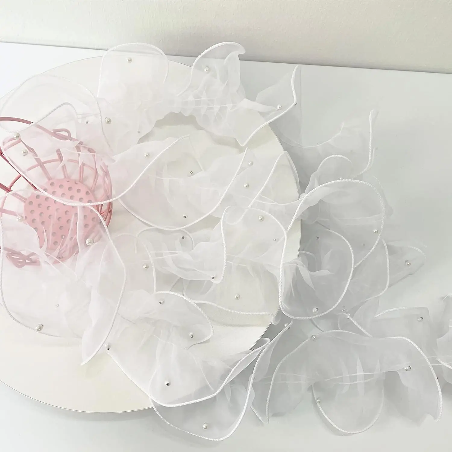 1 Yard Pink White Blue WavesPleated Lace Trims Ribbon Fabric Applique Fold Ruffle with Beads DIY Sewing Supplies Craft